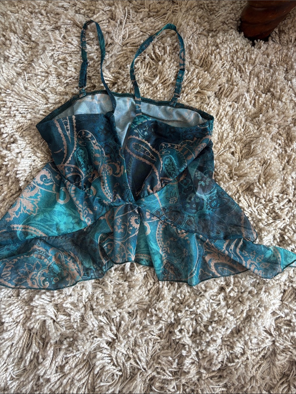 Sheer Teal Paisley Spaghetti-Strap Peplum Top